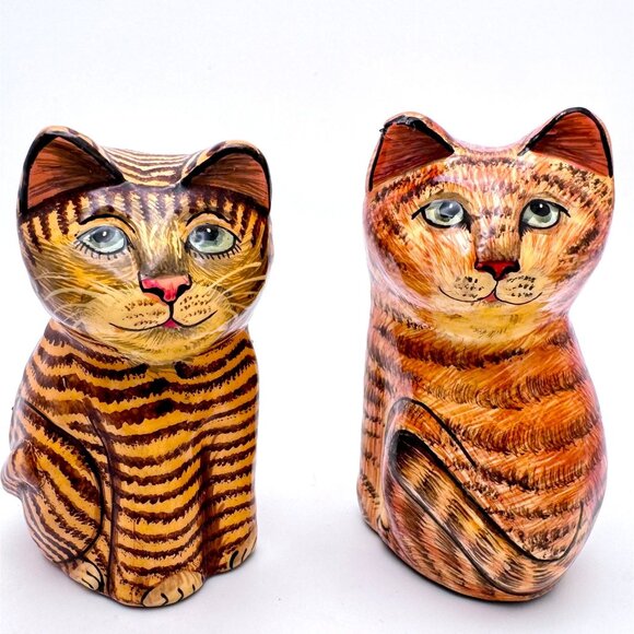 Hand-Painted Ceramic Striped Cat Figurines Set Of 2 Handmade In Kashmir Gift - Picture 1 of 14